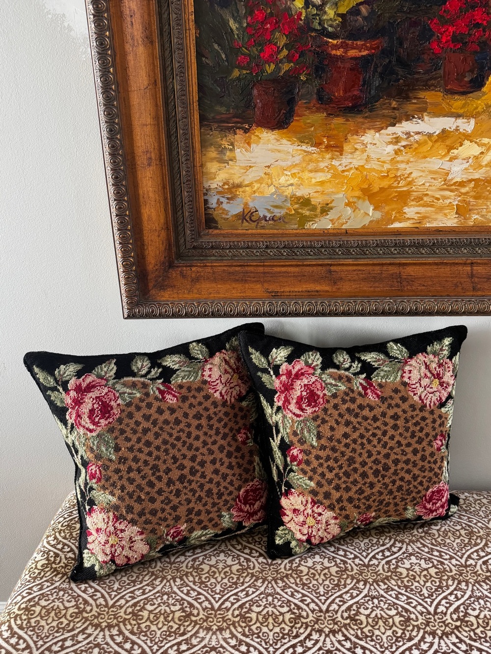 Katharine Diddel Elegant Wool Leopard Rose Needlepoint Accent Pillow -